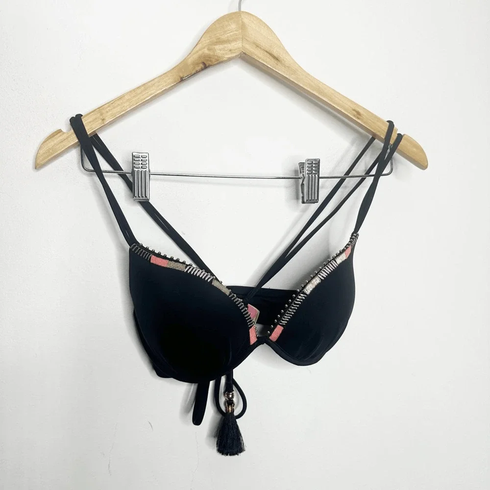 Y2K 00s VICTORIA'S SECRET THE GORGEOUS Push Up Bikini Tassel Black Underwire 34B - Picture 2 of 6